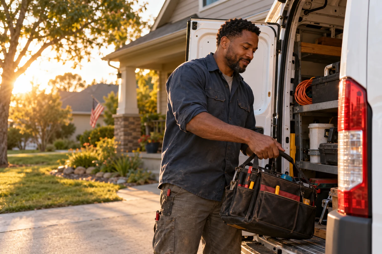 Illustrative home-service business owner packing his tools into a van after the last job
