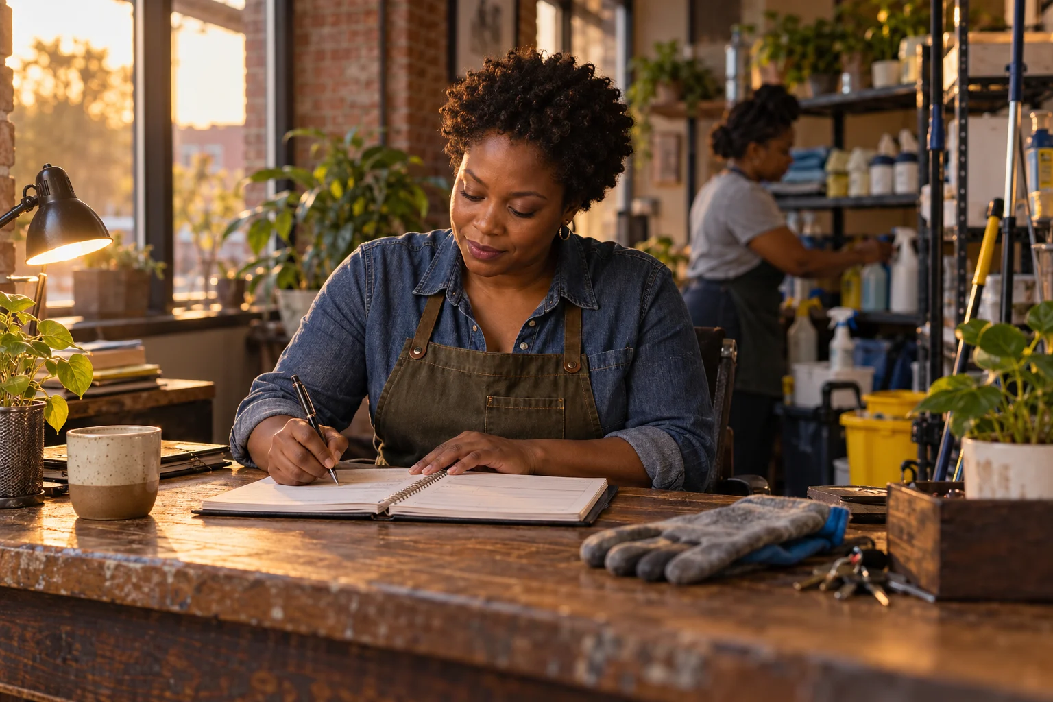 Illustrative local service-business owner finishing her scheduling paperwork at the end of the day