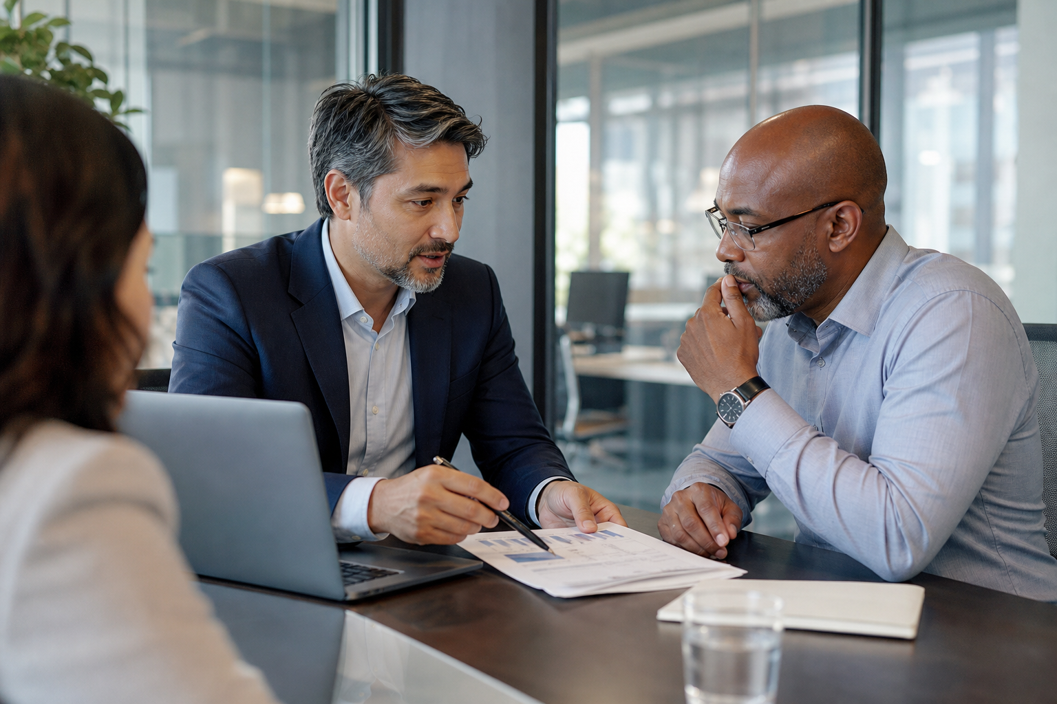 A cybersecurity consultant explaining security findings to a client in a modern office.